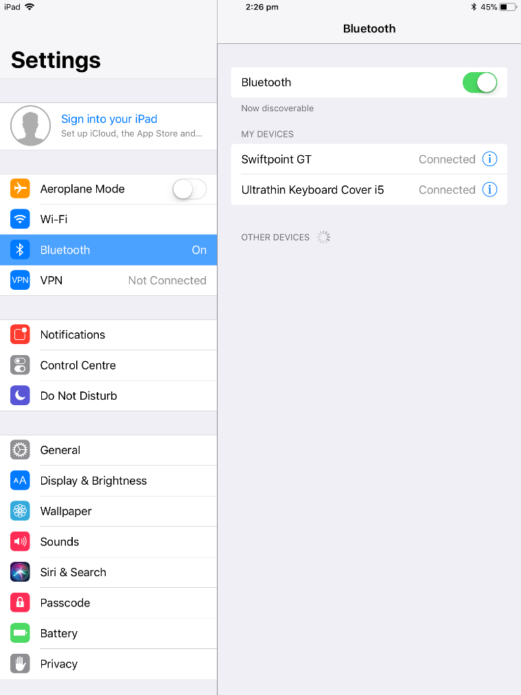 iPad Settings - Bluetooth screen